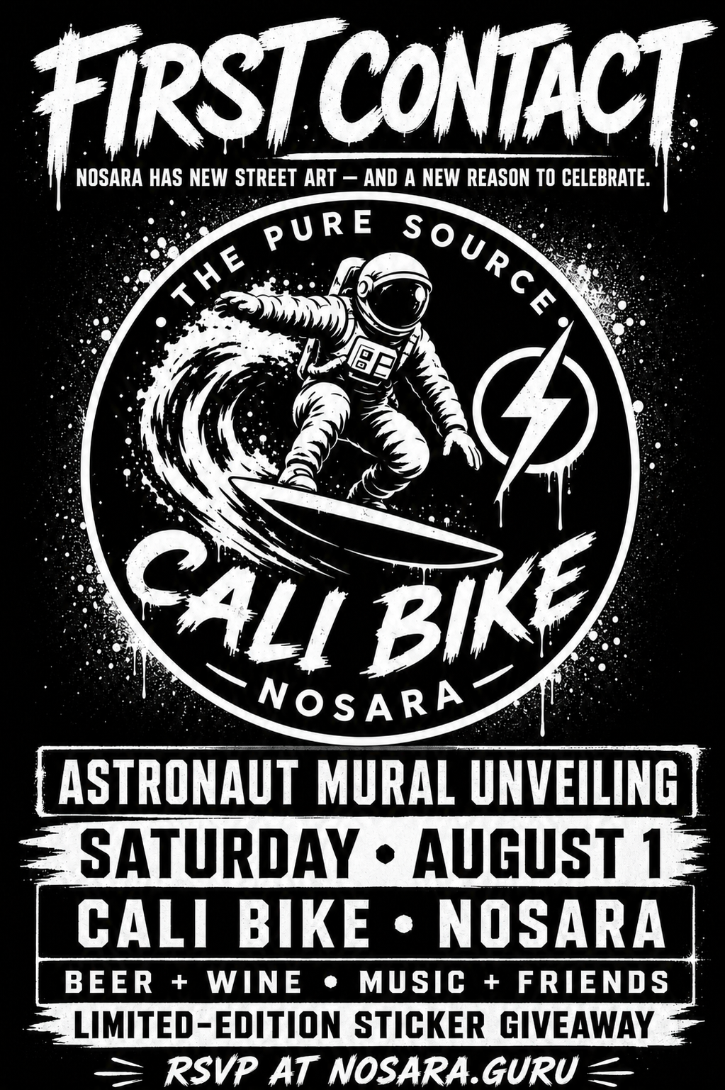 First Contact event poster: astronaut surfing the Cali Bike logo, Saturday August 1 at Cali Bike Nosara